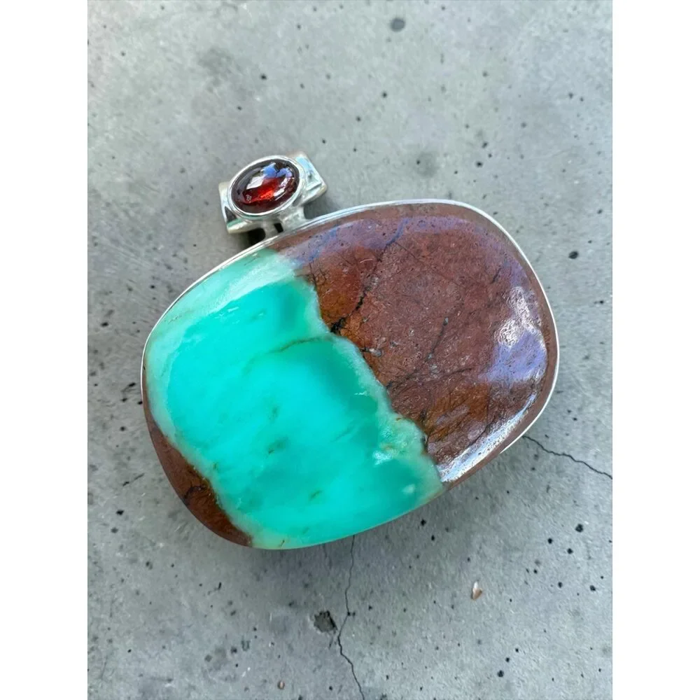 Chrysoprase & Garnet Solid 925 Sterling Silver Pendant